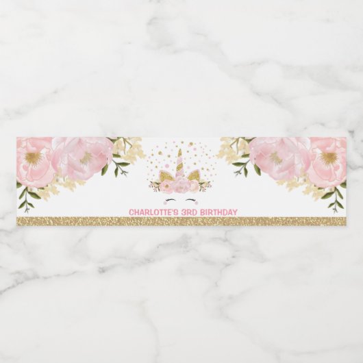 ユニコーンガーリーピンクフローラ誕生日パーティーのお願い ペットボトルラベル (シングルラベル)