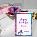 ユニコーンガーリーファンタジーピンク紫10歳の誕生日 カード<br><div class="desc">ピンク、紫、ターコイズのファンタジーユニコーンの若い女の子/女の10代の子の誕生日。ピンク、紫、ターコイズのフレーム。紫色の文字と文字:ハッピーバースデー。名前と年齢のテンプレート。内側：手で手に書する宇宙。</div>