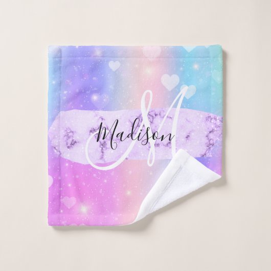 ユニコーンガーリーレカラフルインボーハートモノグラム ウォッシュタオル (ウォッシュタオル)