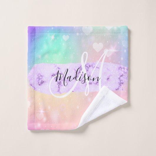 ユニコーンガーリーレカラフルインボーハートモノグラム ウォッシュタオル (ウォッシュタオル)