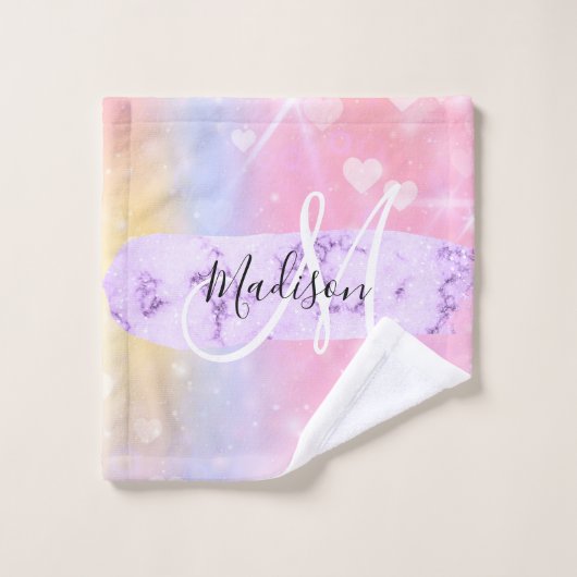 ユニコーンガーリーレカラフルインボーハートモノグラム ウォッシュタオル (ウォッシュタオル)