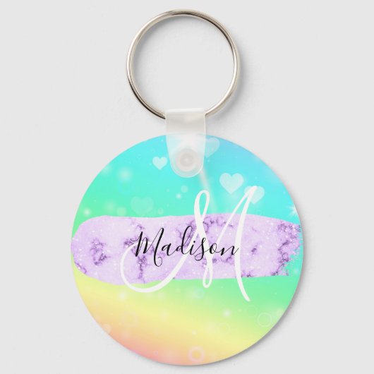 ユニコーンガーリーレカラフルインボーハートモノグラム キーホルダー (正面)