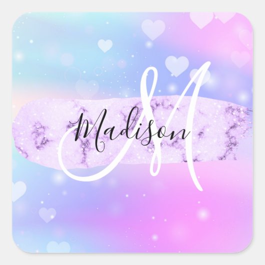 ユニコーンガーリーレカラフルインボーハートモノグラム スクエアシール (正面)