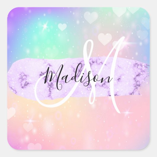 ユニコーンガーリーレカラフルインボーハートモノグラム スクエアシール (正面)