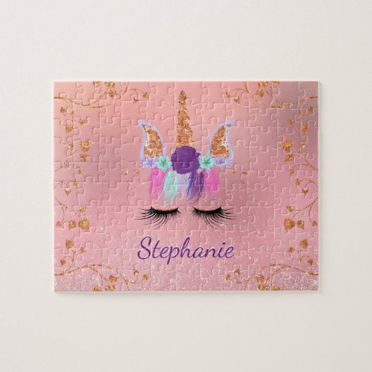 ユニコーンガーリー赤面ピンクグリッターバラ金ゴールド ジグソーパズル (横)