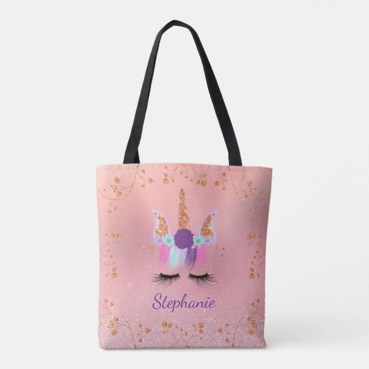 ユニコーンガーリー赤面ピンクグリッターバラ金ゴールド トートバッグ (裏面)