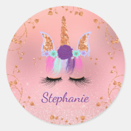 ユニコーンガーリー赤面ピンクグリッターバラ金ゴールド ラウンドシール