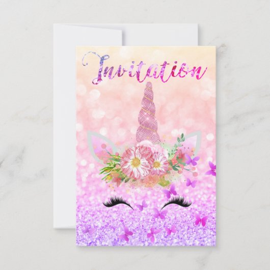 ユニコーンガールバラピンクグリッターラッシュレインボーグラム 招待状 (正面)