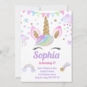 ユニコーンガールマジカルパステルレインボーピンク誕生日 招待状 (正面)