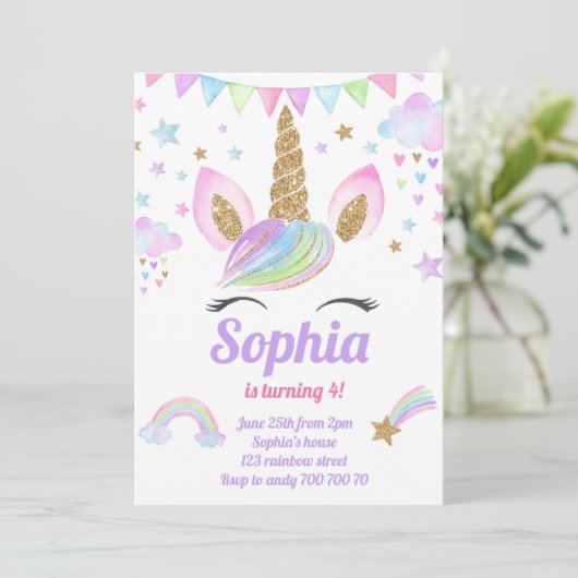 ユニコーンガールマジカルパステルレインボーピンク誕生日 招待状 (スタンド正面)