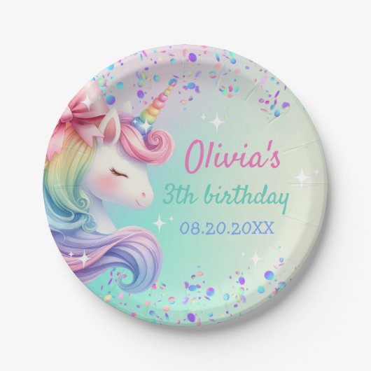 ユニコーンガールマジカルパステルレインボー誕生日 ペーパープレート (正面)