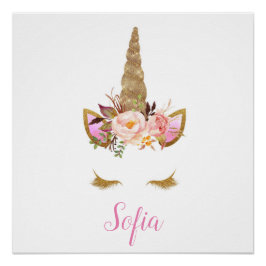 ユニコーンキッズネームピンクフローラマジカル子供部屋 ポスター