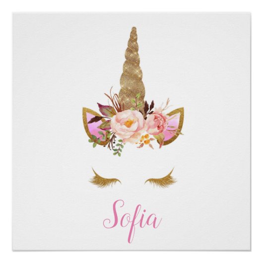 ユニコーンキッズネームピンクフローラマジカル子供部屋 ポスター (正面)