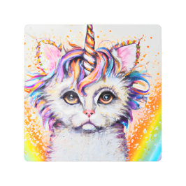ユニコーンキッテンレインボーウォーターカラーメタルプリント メタルプリント