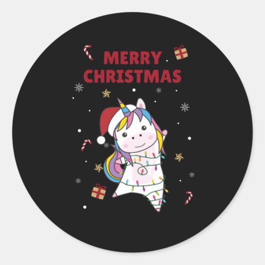 ユニコーンクリスマススノーウィンターアニマルユニコーン ラウンドシール (正面)