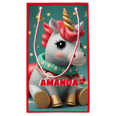 ユニコーンクリスマスパーソナライズされたキッズレッド スモールペーパーバッグ (裏面)