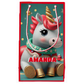 ユニコーンクリスマスパーソナライズされたキッズレッド スモールペーパーバッグ (正面)