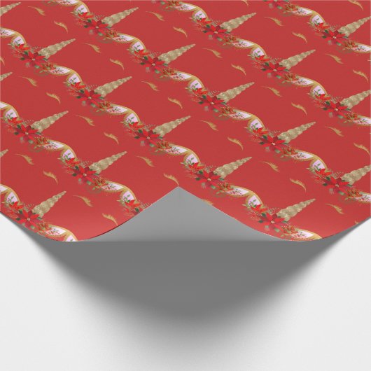 ユニコーンクリスマスホリデーズフローラジョイ金ゴールドレッド ラッピングペーパー (角)