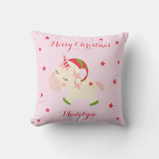 ユニコーンクリスマスホリデーパーソナライズされたピンク クッション (正面)