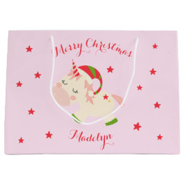 ユニコーンクリスマスホリデーパーソナライズされたピンク ラージペーパーバッグ