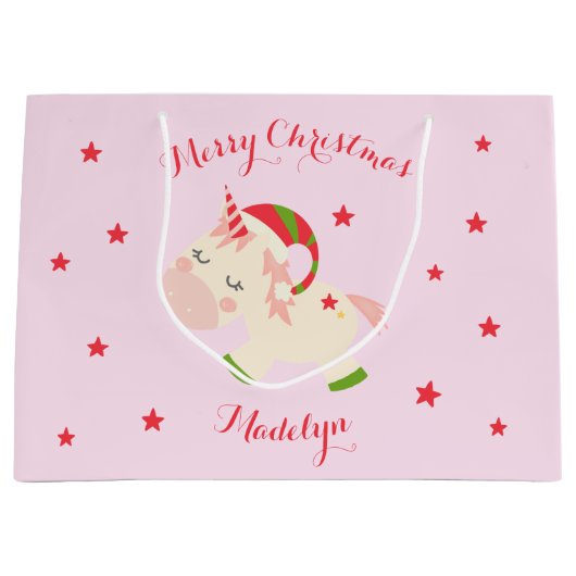 ユニコーンクリスマスホリデーパーソナライズされたピンク ラージペーパーバッグ (正面)
