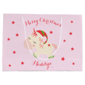 ユニコーンクリスマスホリデーパーソナライズされたピンク ラージペーパーバッグ (裏面)