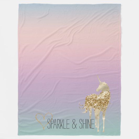 ユニコーングラデーション金ゴールドグリッターハート フリースブランケット (正面)