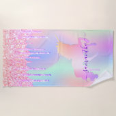 ユニコーングリッターはピンクのレインボーモノグラムの名前をドリップ ビーチタオル (正面)