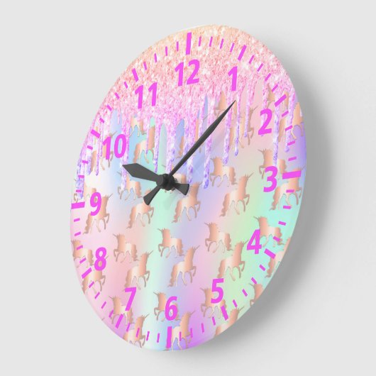 ユニコーングリッターはピンクの紫の虹を滴らせる ラージ壁時計 (傾斜)