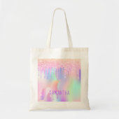ユニコーングリッターはピンクの紫色の名前をドリップ トートバッグ (正面)