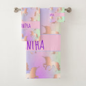 ユニコーングリッターは虹のピンクの紫の名前をドリップ バスタオルセット (インサイチュ)