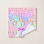 ユニコーングリッターは虹のピンクの紫の名前をドリップ バスタオルセット (ウォッシュタオル)