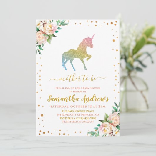 ユニコーングリッターシルハウエットキュートベビーガールシャワー 招待状 (スタンド正面)