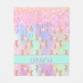 ユニコーングリッタードリップレインボーピンクのモノグラム女の子 フリースブランケット (正面)