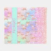 ユニコーングリッタードリップレインボーピンクのモノグラム女の子 フリースブランケット (正面(横))