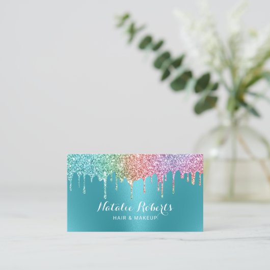 ユニコーングリッタードリプスティール(緑がかった色)メイクアップアーティストサロン 名刺 (スタンド正面)