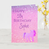 ユニコーングリッターピンクパープルキュートガールエイジ誕生日 カード (黄色い花)