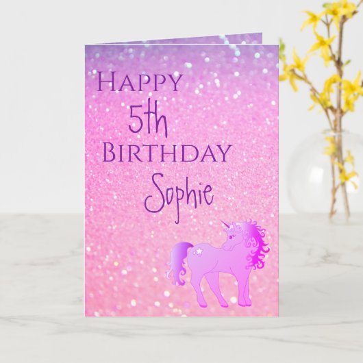 ユニコーングリッターピンクパープルキュートガールエイジ誕生日 カード (黄色い花)