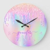 ユニコーングリッターピンクパープルネームガール ラージ壁時計 (正面)