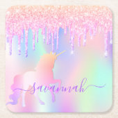 ユニコーングリッターピンク虹色バラ金ゴールド誕生日 スクエアペーパーコースター (正面)
