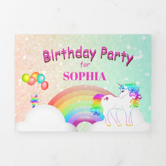 ユニコーングリッターレインボーキッズモダン誕生日 三つ折り招待状 (カバー)