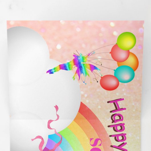 ユニコーングリッターレインボーキッズモダン誕生日 三つ折り招待状 (内部最初)