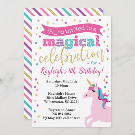 ユニコーングリッター誕生日パーティーの招待 招待状 (正面/裏面)