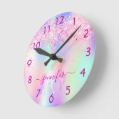 ユニコーングリッター赤面ピンクパープルモノグラム名 ラウンド壁時計 (傾斜)