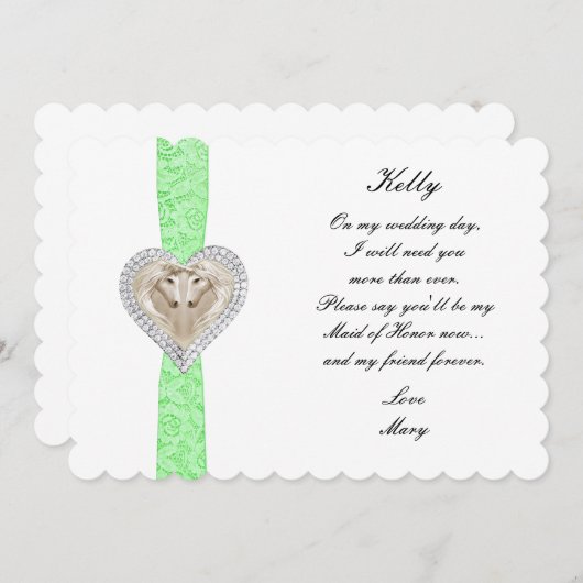 ユニコーングリーンレース結婚のメイド・オブ・オーナー（花嫁付き添い人）カード 招待状 (正面/裏面)