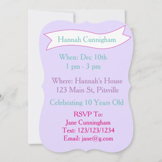 ユニコーングリーン、紫の誕生日招待状 招待状 (裏面)