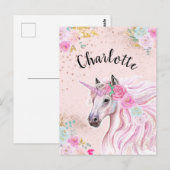 ユニコーングレームピンクティール（緑がかった色）フローラ金ゴールドグリッター名 ポストカード (正面/裏面)