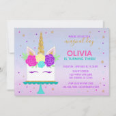 ユニコーンケーキ誕生日招待状ピンクパープル金ゴールド 招待状 (正面)