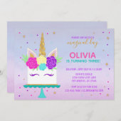 ユニコーンケーキ誕生日招待状ピンクパープル金ゴールド 招待状 (正面/裏面)