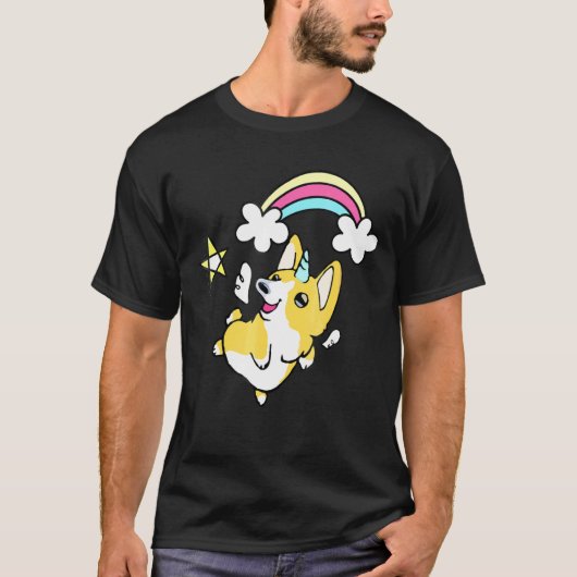 ユニコーンコーギー虹グラフィック落書き Tシャツ (正面)